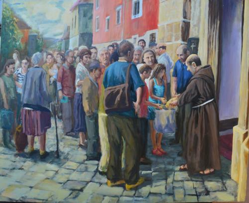 Bread distribution in front of the Franciscan church
